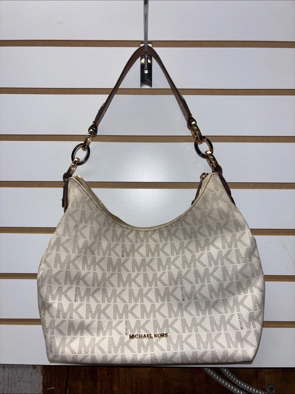 Michael Kors Cream and Brown MK Logo Shoulder Hobo